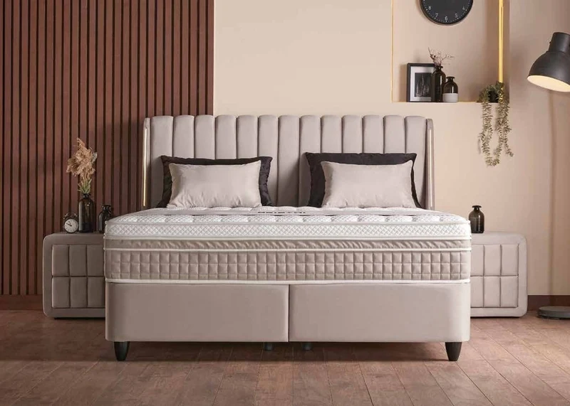 Casa Padrino Luxus Boxspringbett mit Ohrenkopfteil Beige 140 x 200 cm - Luxus Schlafzimmer Möbel