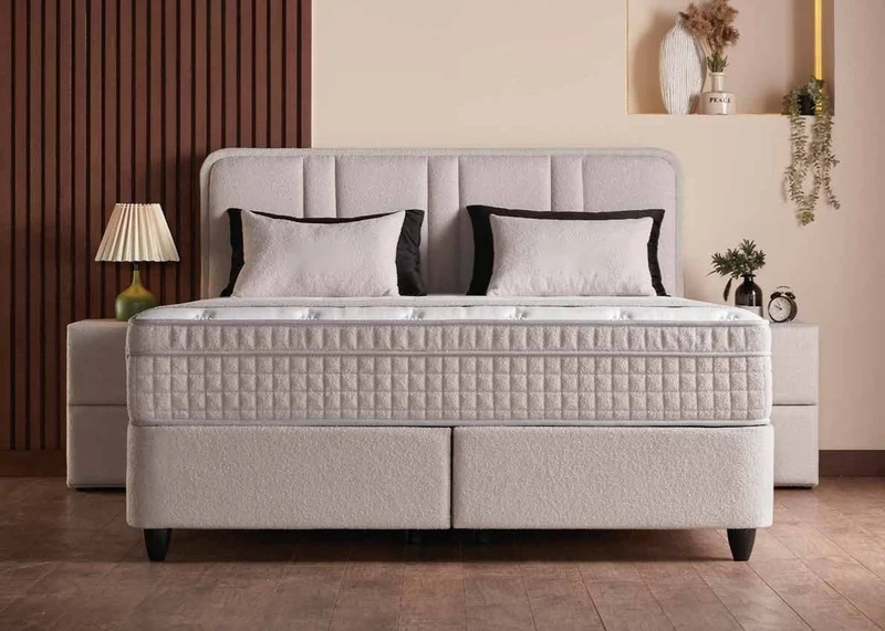Casa Padrino Luxus Boxspringbett mit gerahmtem Kopfteil Creme 160 x 200 cm - Luxus Schlafzimmer Möbel