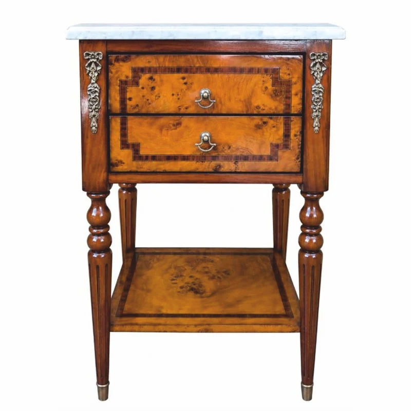Casa Padrino Luxus Barock Beistelltisch Braun / Weiß / Silber H. 68 cm - Barockstil Nachttisch mit 2 Schubladen & Marmorplatte