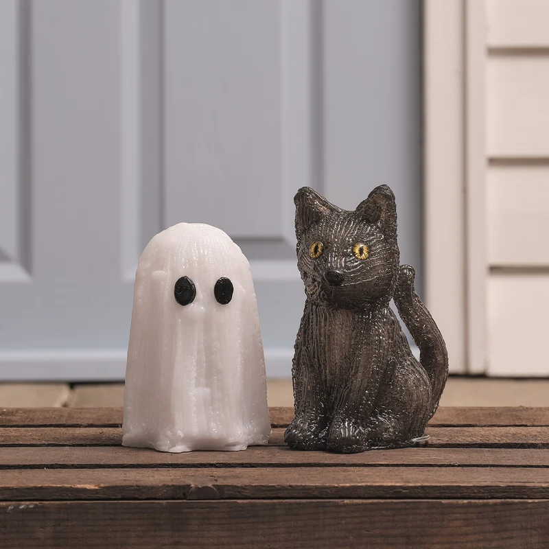 2er Set LED-Halloweenfiguren Mini-Geist & Katze "Jet"