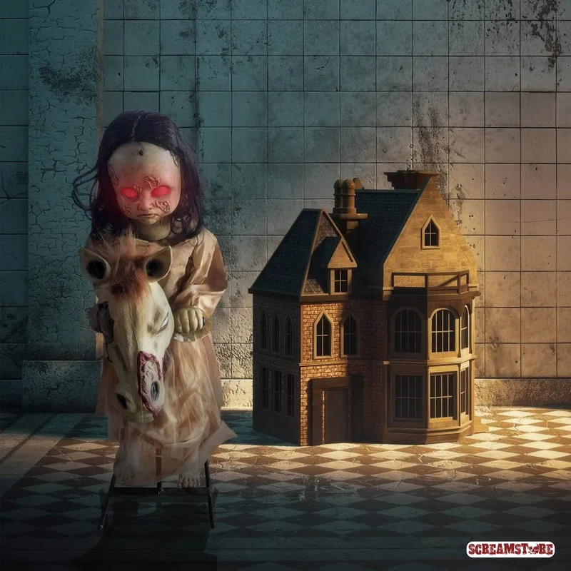 Horror Mädchen Sweet Sally auf Schaukelpferd