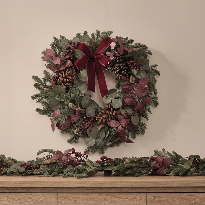 60 cm Outdoor-Weihnachtskranz und 1,5 m Girlande mit Beleuchtung und Tannenzapfen