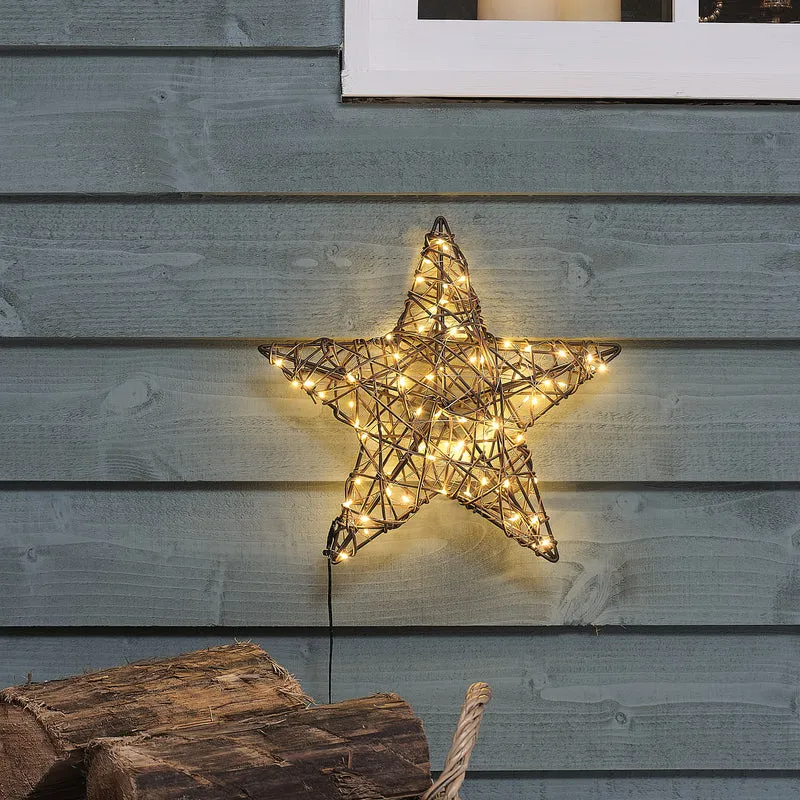 2er Set braune Rattan-LED-Sterne mit Timer für den Außenbereich
