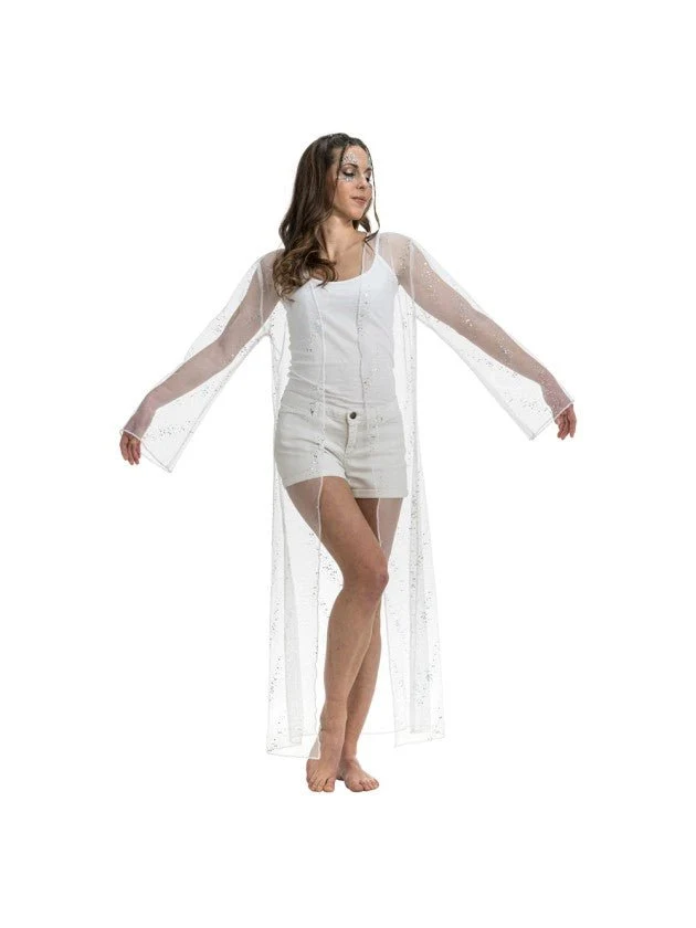 Weiße, lange Tüll-Festivalweste mit Glitzer für Damen, Einheitsgröße