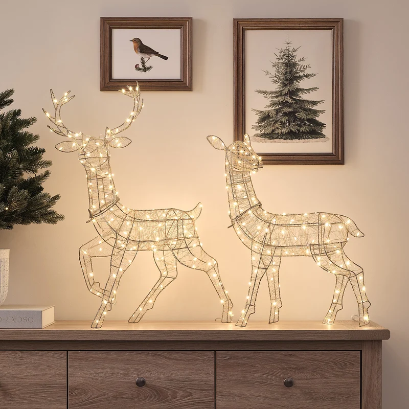 2er Set goldene LED-Rentiere Hirsch & Hirschkuh Hutton