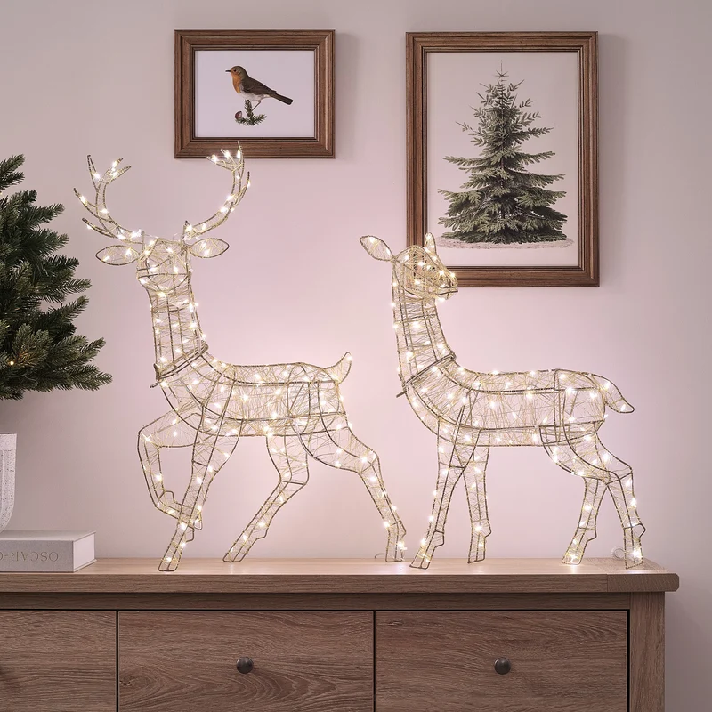 2er Set goldene LED-Rentiere Hirsch & Hirschkuh Hutton