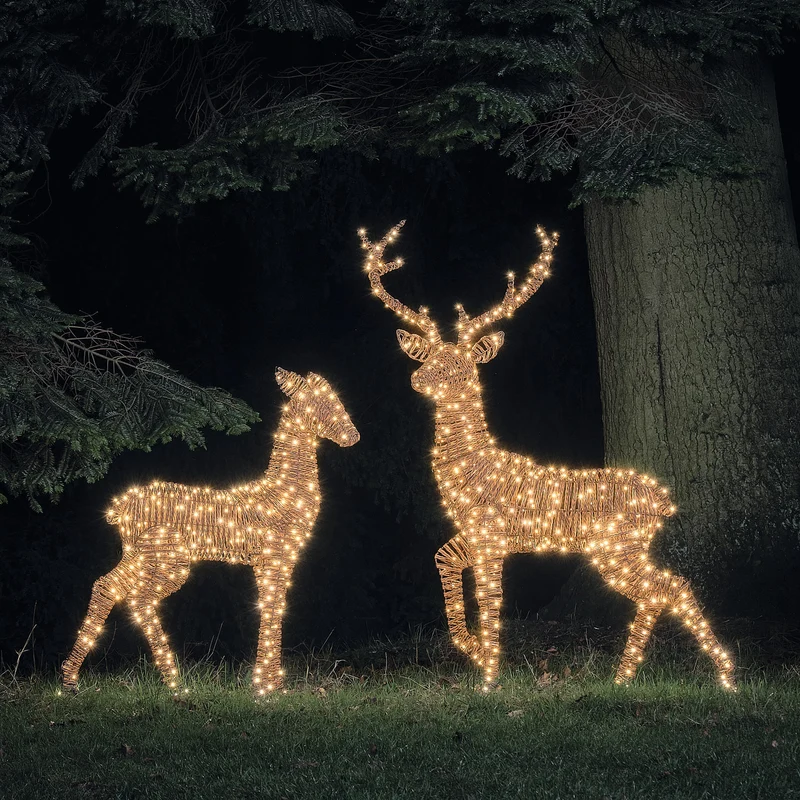 2er Set LED-Rentiere Hirsch und Hirschkuh XL Pateley in Rattan-Optik