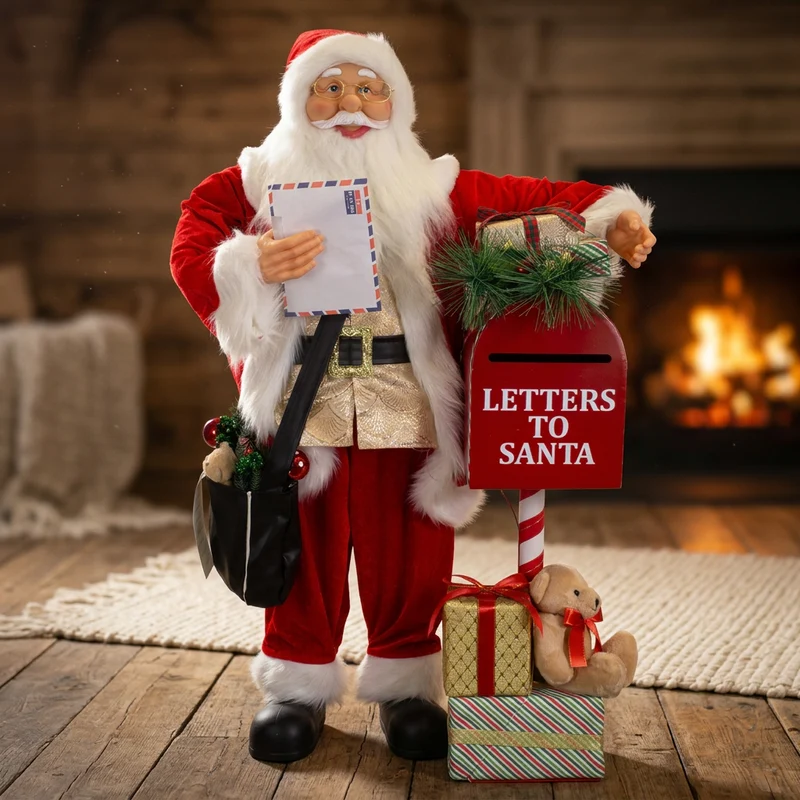 Animierter Weihnachtsmann ca.90cm mit Metall-Briefkasten – Santa mit Musik & LED-Beleuchtung