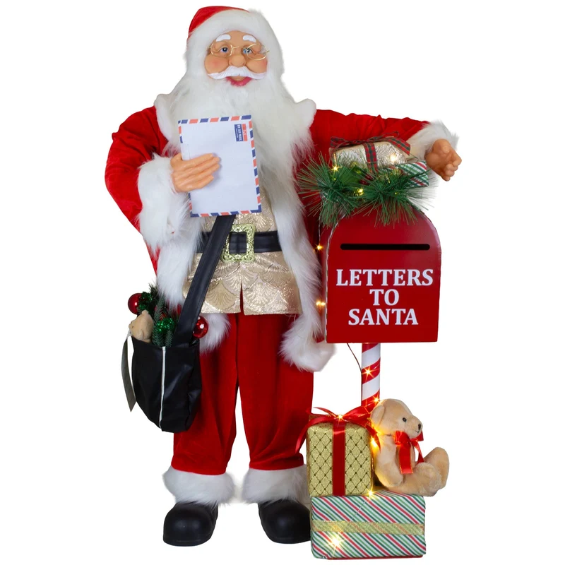 Animierter Weihnachtsmann ca.90cm mit Metall-Briefkasten – Santa mit Musik & LED-Beleuchtung