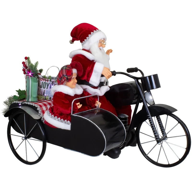 Animierter Weihnachtsmann 80cm auf Motorrad mit Beiwagen & Mrs.Santa - mit Musik & LED