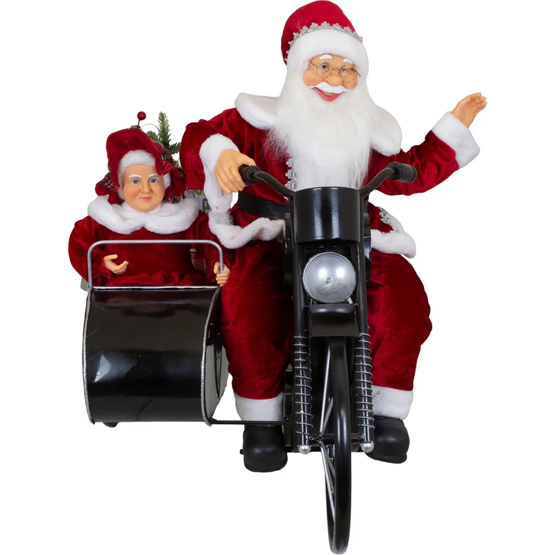 Animierter Weihnachtsmann 80cm auf Motorrad mit Beiwagen & Mrs.Santa - mit Musik & LED