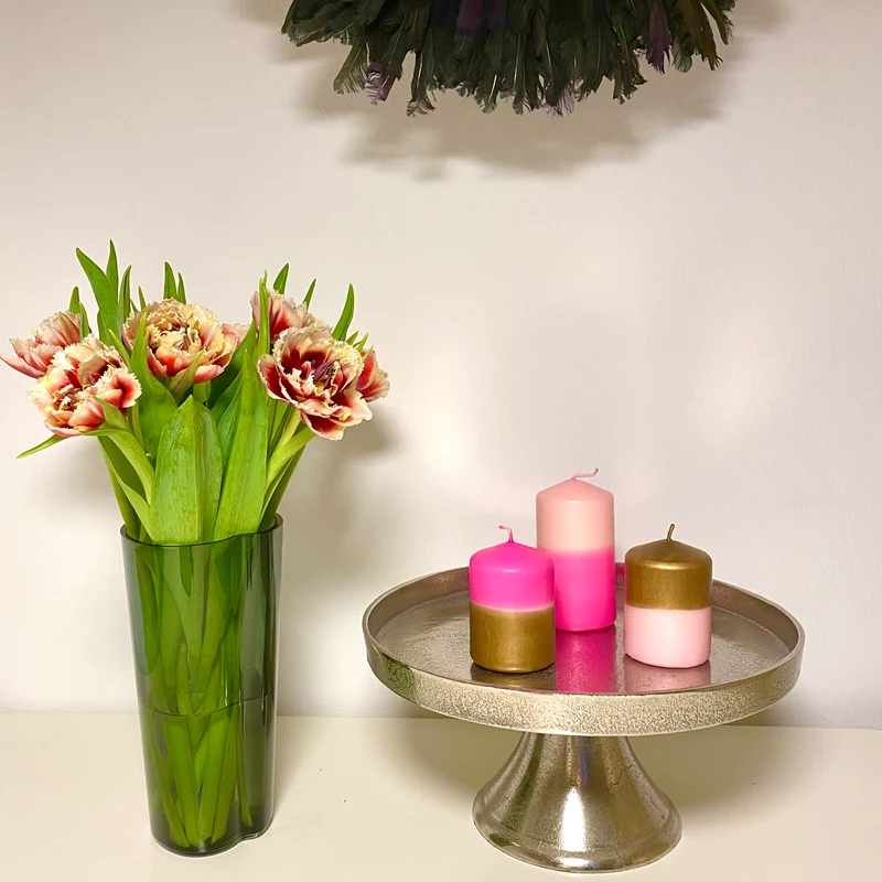 Handgefärbte Dip Dye Stumpenkerze S | neon-pink & gold
