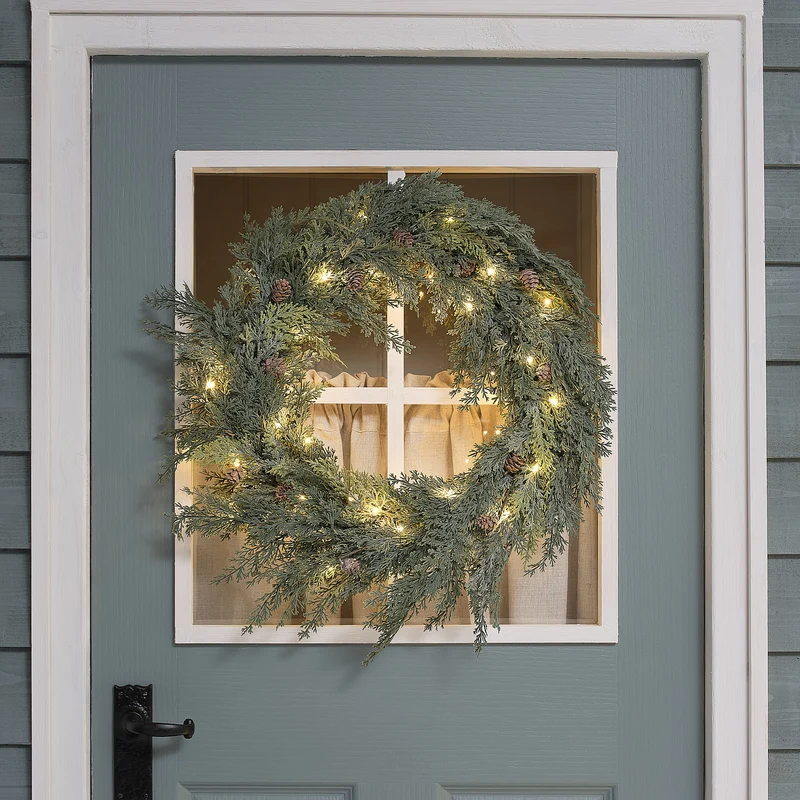 60 cm LED-Weihnachtskranz außen mit Tannenzapfen, Koniferen und warmweißen LEDs
