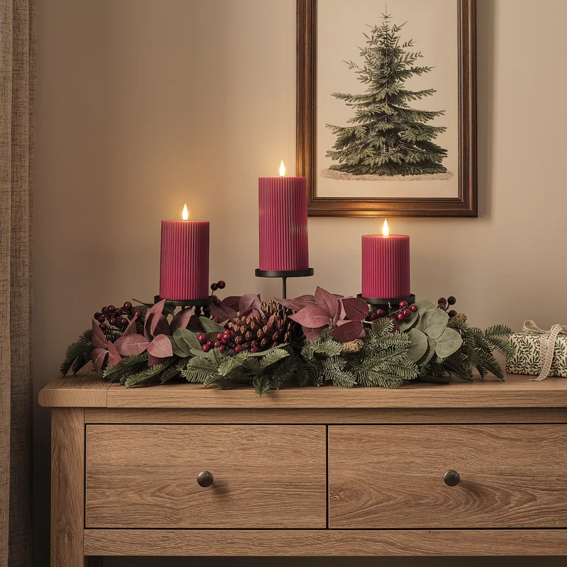 Weihnachtliches Tischgesteck mit 3 pflaumenfarbenen TruGlow® LED-Stumpenkerzen und Fernbedienung