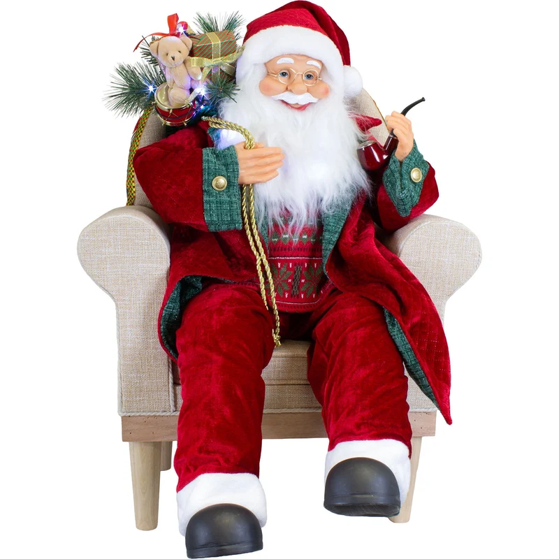 Animierter Weihnachtsmann im Sessel Größe ca.80cm – Santa mit Musik & LED