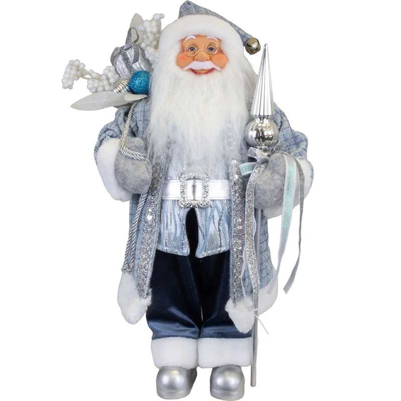 Weihnachtsmann Figur 45 cm – Santa mit Zierstab und Geschenkesack | Elegante Weihnachtsdekoration