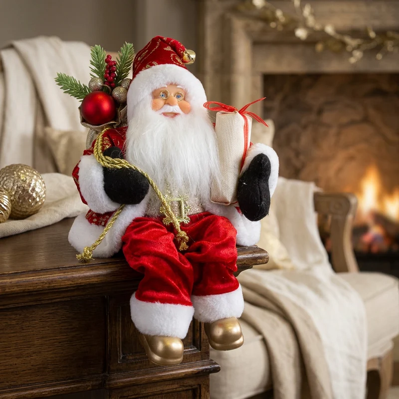 Weihnachtsmann 30 cm – Santa Kantenhocker mit Geschenk und Geschenkesack | Klassische Weihnachtsdekoration
