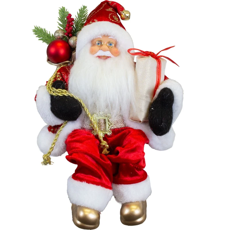 Weihnachtsmann 30 cm – Santa Kantenhocker mit Geschenk und Geschenkesack | Klassische Weihnachtsdekoration