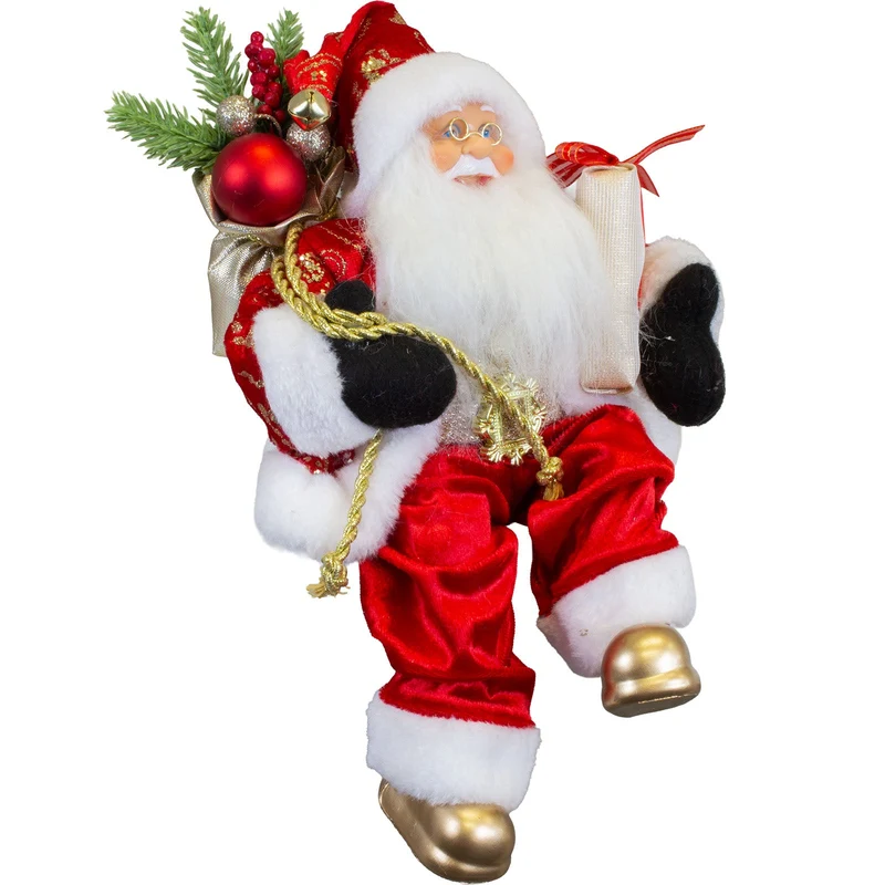 Weihnachtsmann 30 cm – Santa Kantenhocker mit Geschenk und Geschenkesack | Klassische Weihnachtsdekoration