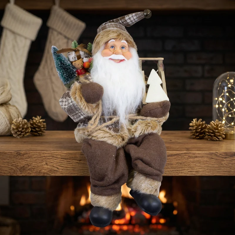 Weihnachtsmann 45 cm Santa Kantenhocker mit Schlitten und Geschenkesack | Rustikale Weihnachtsdekoration