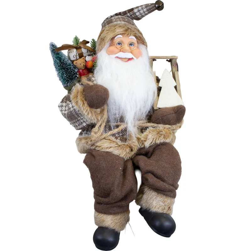 Weihnachtsmann 45 cm Santa Kantenhocker mit Schlitten und Geschenkesack | Rustikale Weihnachtsdekoration