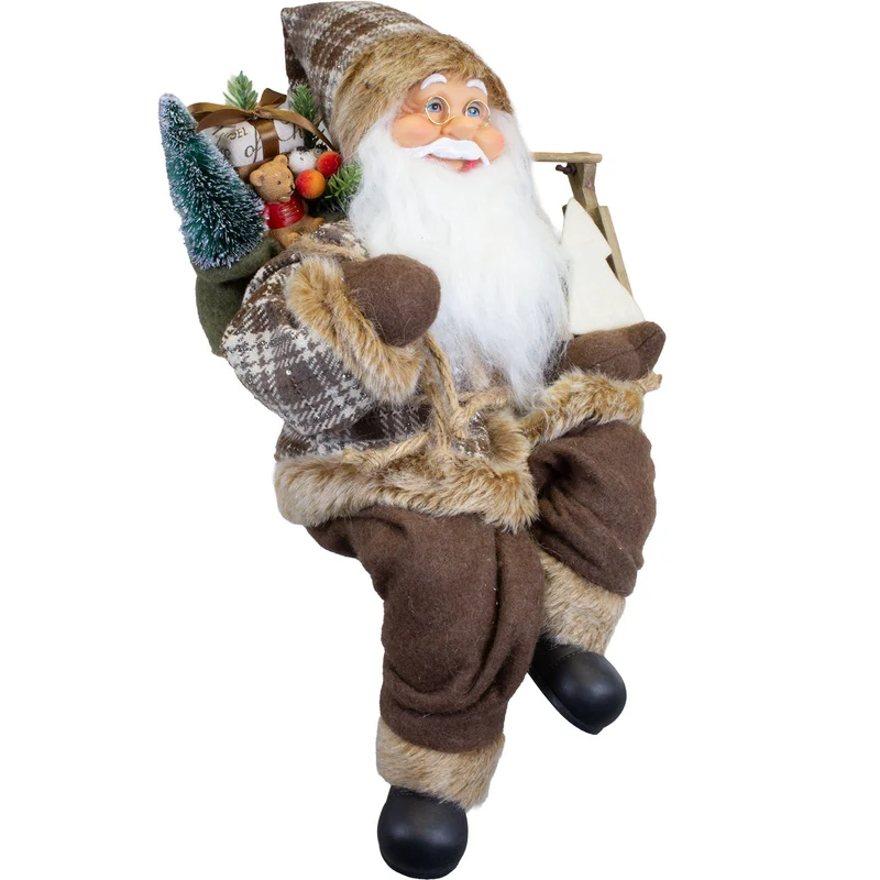 Weihnachtsmann 45 cm Santa Kantenhocker mit Schlitten und Geschenkesack | Rustikale Weihnachtsdekoration