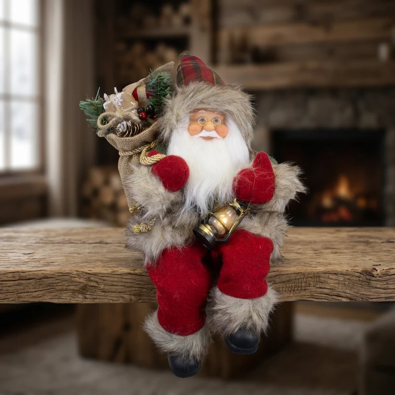 Weihnachtsmann Figur 30cm Kantenhocker – Santa mit Laterne und Geschenkesack | Klassische Weihnachtsdekoration