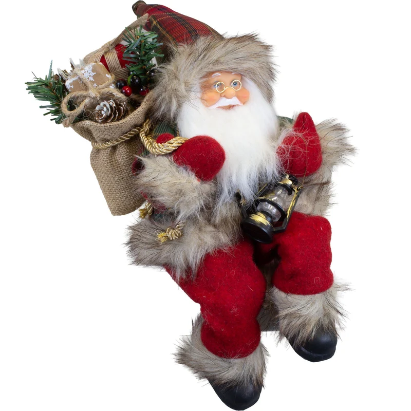 Weihnachtsmann Figur 30cm Kantenhocker – Santa mit Laterne und Geschenkesack | Klassische Weihnachtsdekoration