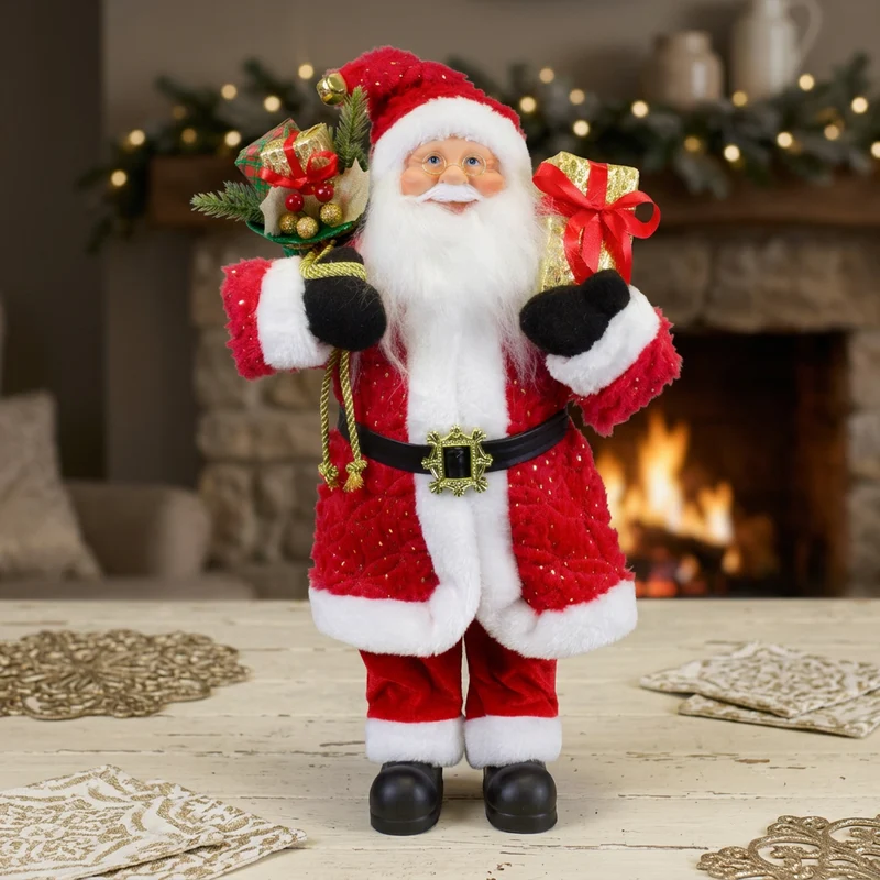 Weihnachtsmann Figur 45 cm – Santa mit langem Mantel in Rot & Gold | Edle Weihnachtsdekoration