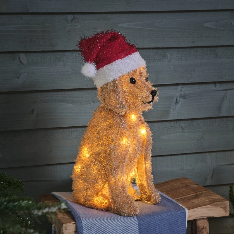 42cm LED-Weihnachtsfigur außen Labradoodle mit Weihnachtsmütze
