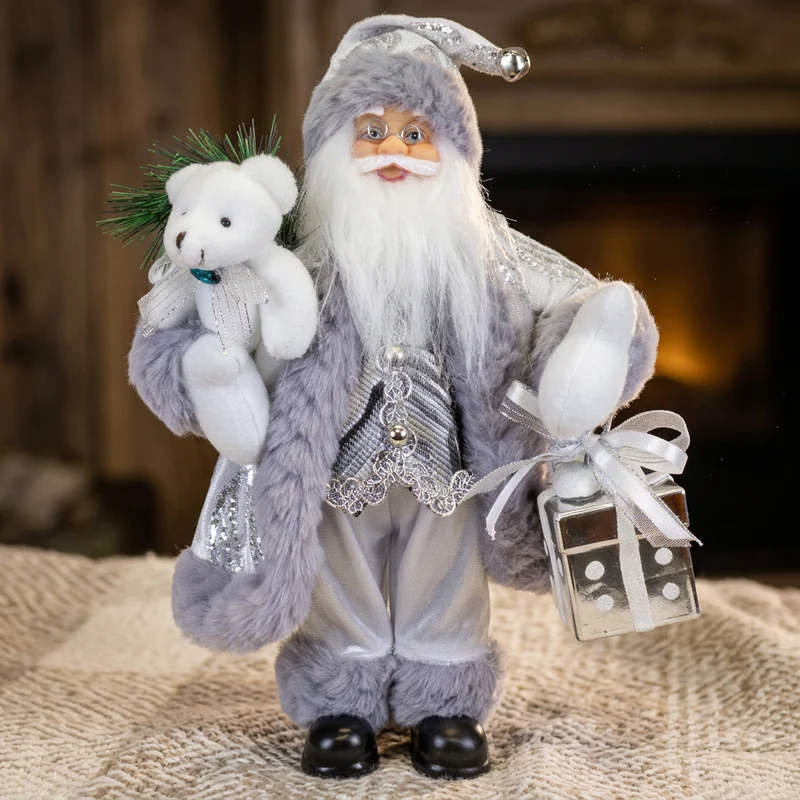 Weihnachtsmann Figur 30 cm – Stehender Santa in Silber mit Geschenk | Festliche Weihnachtsdekoration