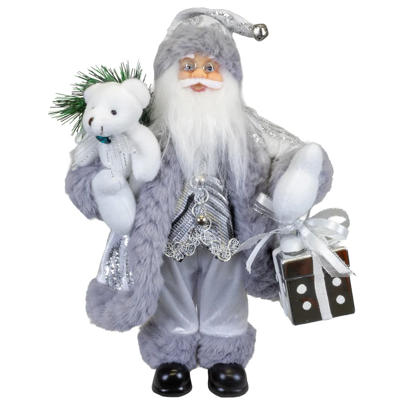 Weihnachtsmann Figur 30 cm – Stehender Santa in Silber mit Geschenk | Festliche Weihnachtsdekoration