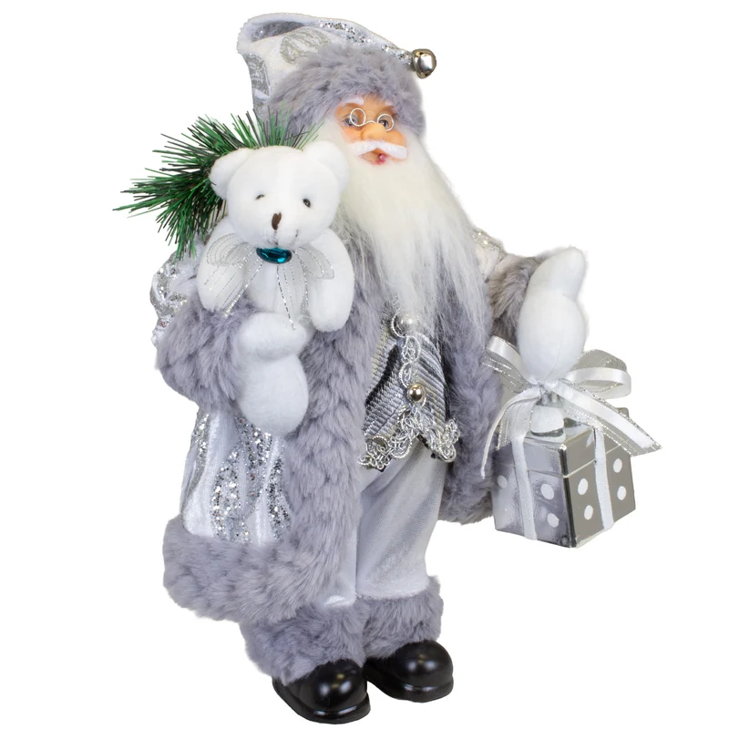 Weihnachtsmann Figur 30 cm – Stehender Santa in Silber mit Geschenk | Festliche Weihnachtsdekoration