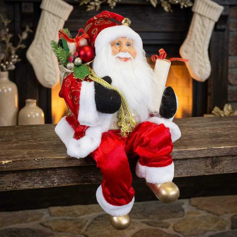 Weihnachtsmann 45 cm – Santa Kantenhocker mit Geschenk und Geschenkesack | Klassische Weihnachtsdekoration