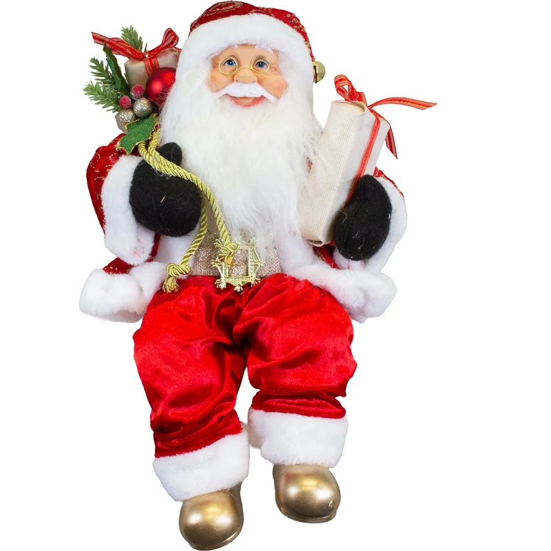 Weihnachtsmann 45 cm – Santa Kantenhocker mit Geschenk und Geschenkesack | Klassische Weihnachtsdekoration