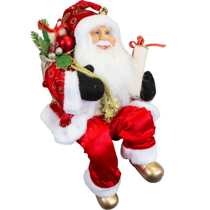 Weihnachtsmann 45 cm – Santa Kantenhocker mit Geschenk und Geschenkesack | Klassische Weihnachtsdekoration