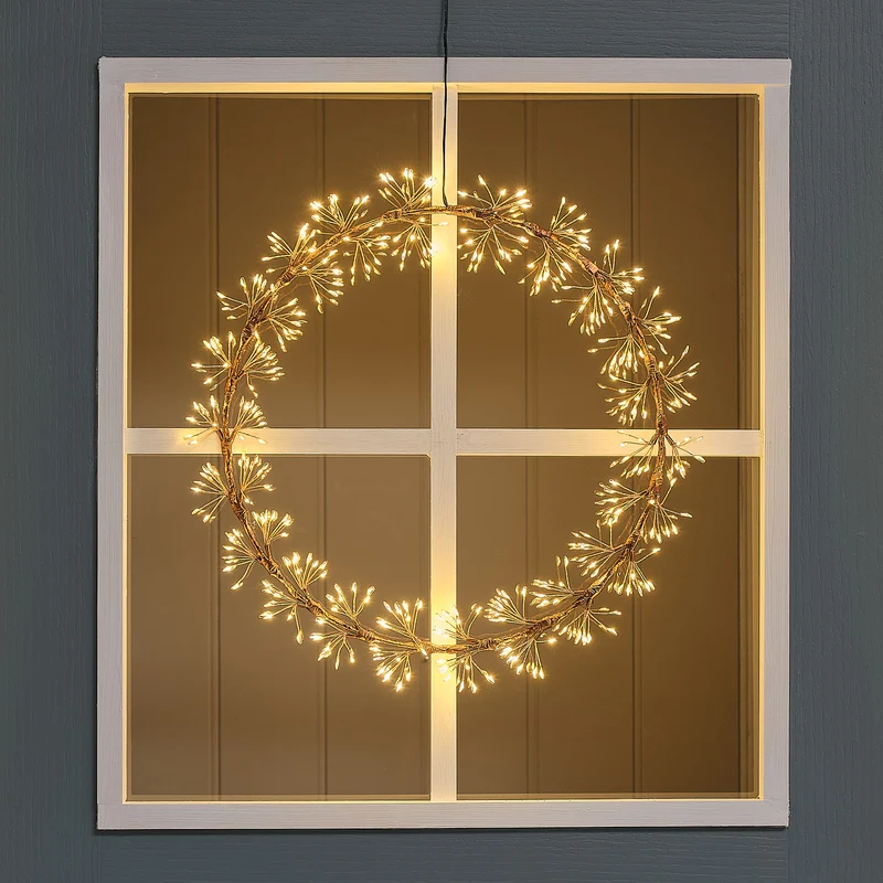 35 cm LED-Starburst-Kranz außen in Gold mit 352 warmweißen Mikro-LEDs
