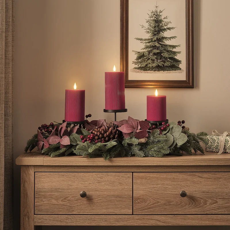 Weihnachtliches Tischgesteck mit 3 Kerzenhaltern für Stumpenkerzen