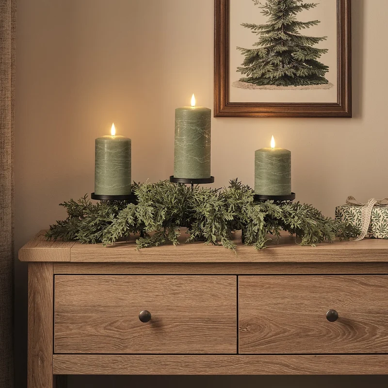 Weihnachtliches Tischgesteck mit 3 Kerzenhaltern in Tannenzweig-Optik