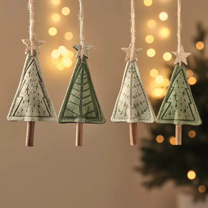 4er Set Filz Christbaumschmuck mit Stern in Grün