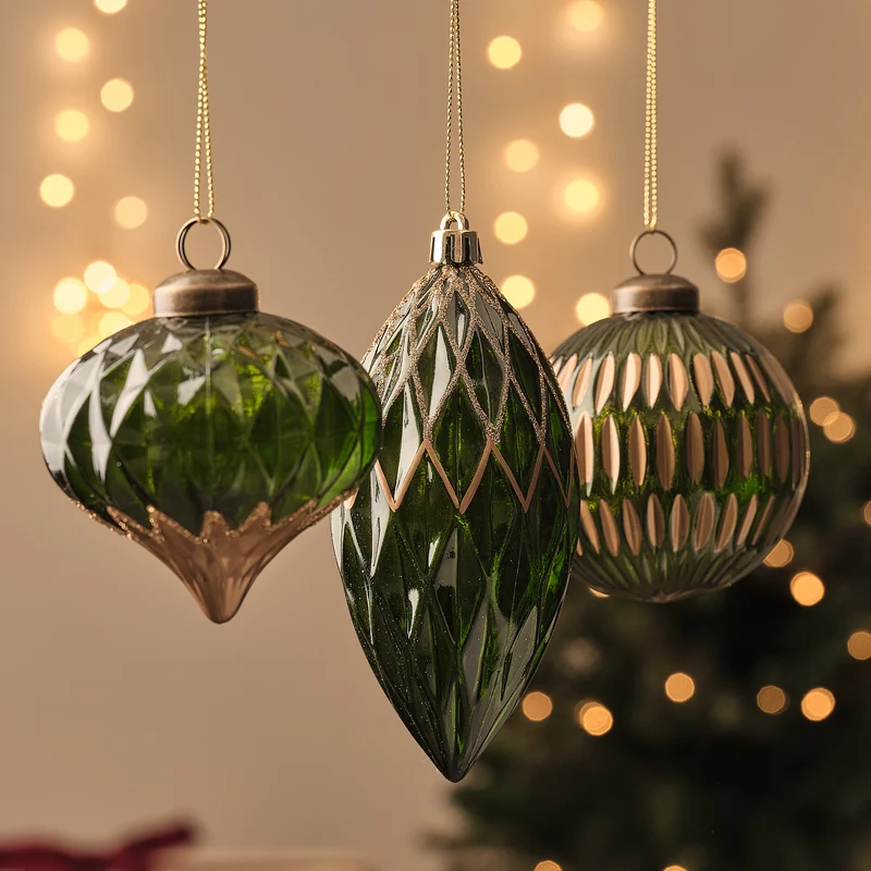 3er-Set grüne Christbaumkugeln in Antik-Optik