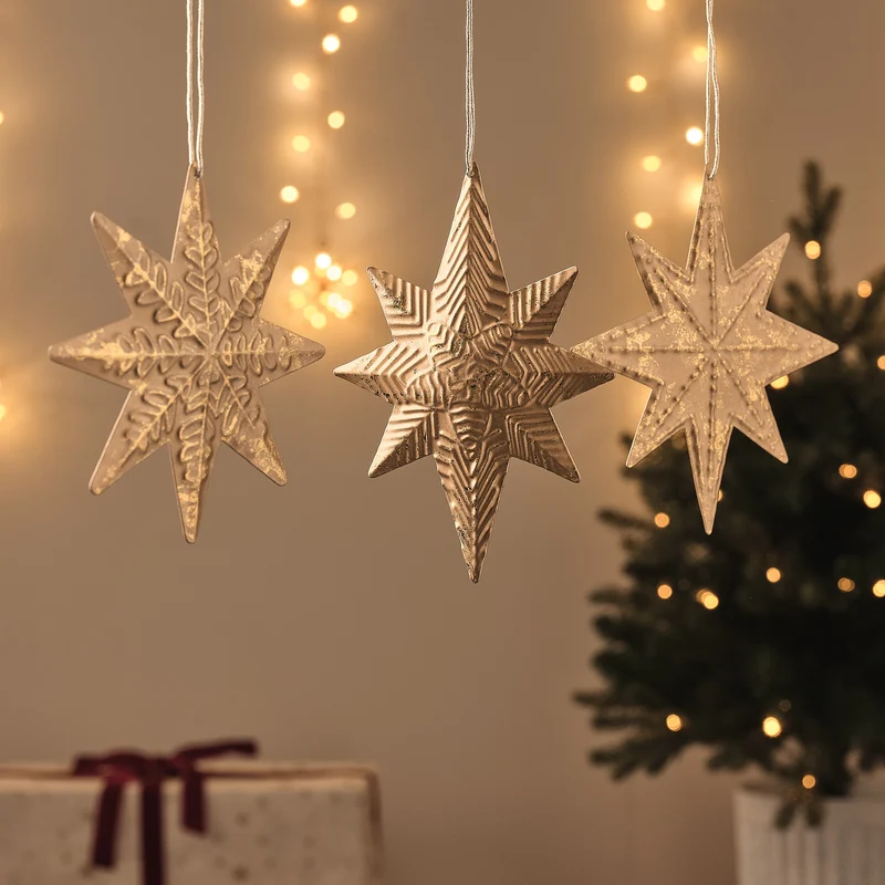 3er Set goldene Weihnachtsbaumsterne in Messingoptik
