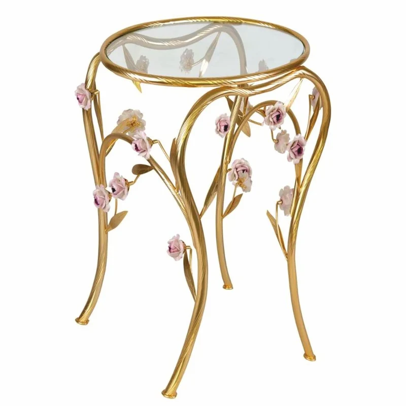 Casa Padrino Luxus Beistelltisch mit 24 Karat Vergoldung und Porzellan Kamelienblüten Gold / Pastellrosa H. 60 cm - Made in Italy