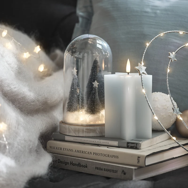 LED-Glasglocke mit verschneiten Weihnachtsbäumen und 20 warmweißen Mikro-LEDs