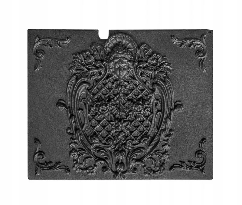 Casa Padrino Gusseisen Kaminplatte Schwarz 54,5 x 40 cm - Kaminrückwand mit Maskaron-Relief - Feuerplatte - Kamin Zubehör