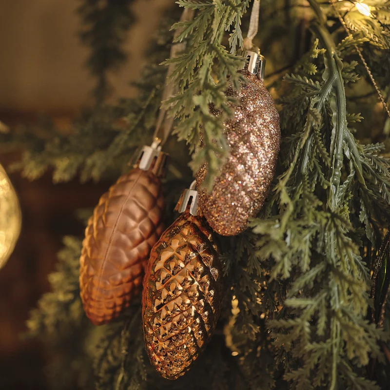 3er Set Weihnachtsbaumdeko Tannenzapfen in Silber Grün und Bernstein