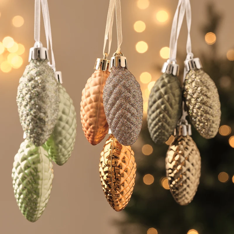 3er Set Weihnachtsbaumdeko Tannenzapfen in Silber Grün und Bernstein