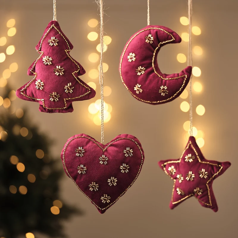 4er-Set Weihnachtsbaumdeko aus rotem Samt mit goldenen Perlen