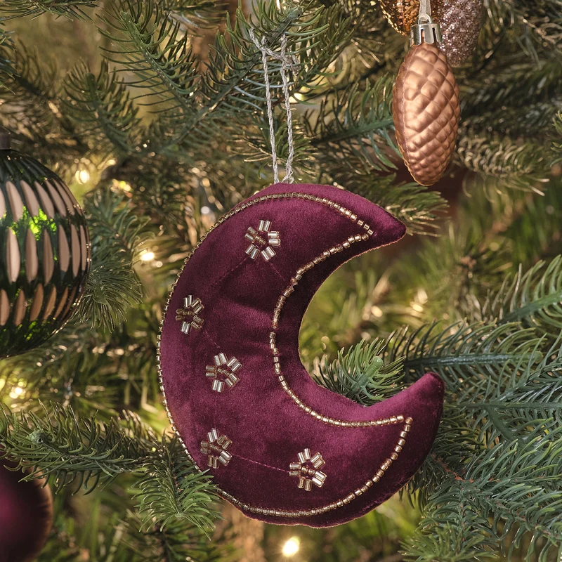 4er-Set Weihnachtsbaumdeko aus rotem Samt mit goldenen Perlen