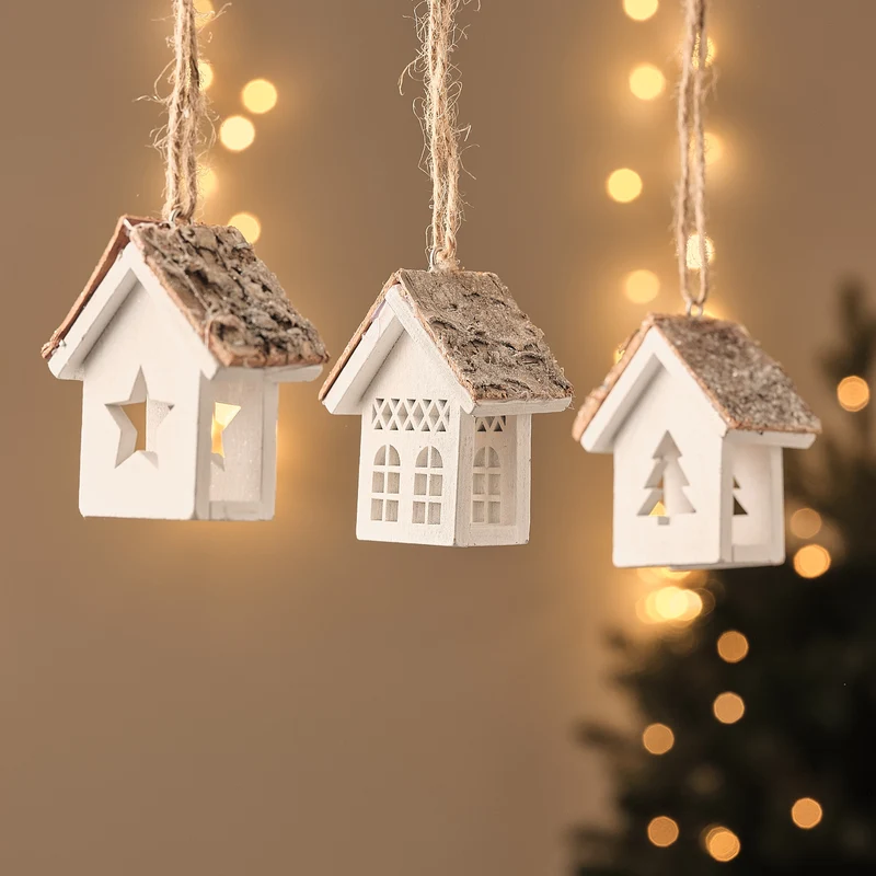 3er Set Weihnachtsbaumschmuck Holzhäuser in Weiß im Scandi Stil
